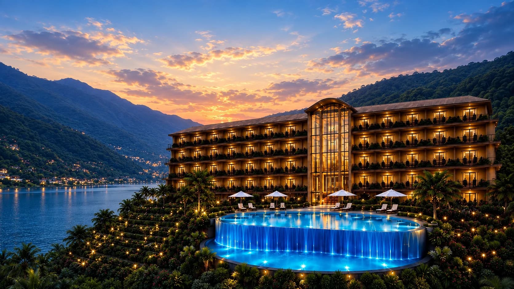 108 Woods resort, pool and lakeside setting · AI-enhanced artist’s impression from supplied promotional artwork