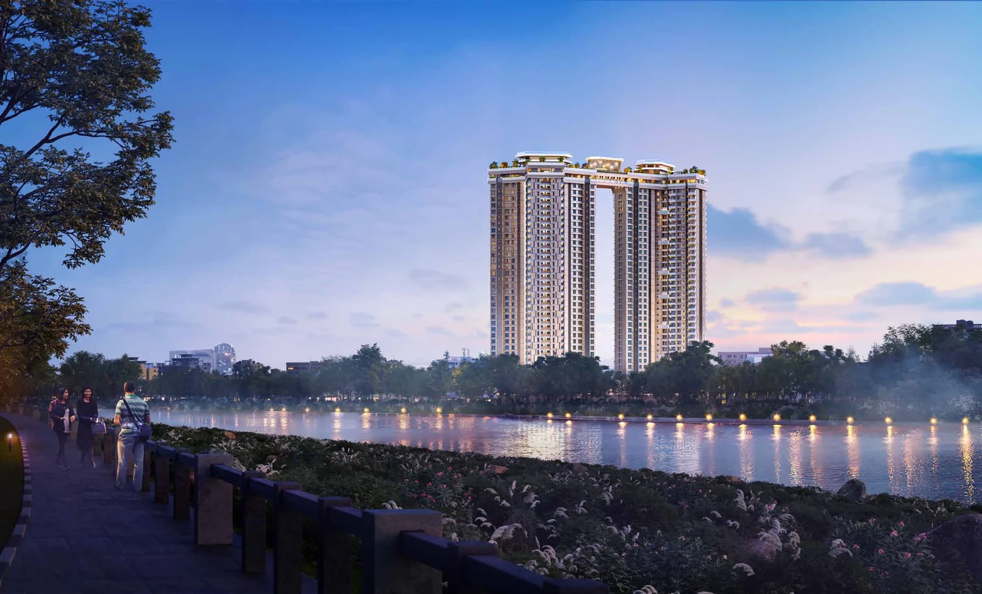 Supreme Towers beside the river at dusk · developer brochure illustration