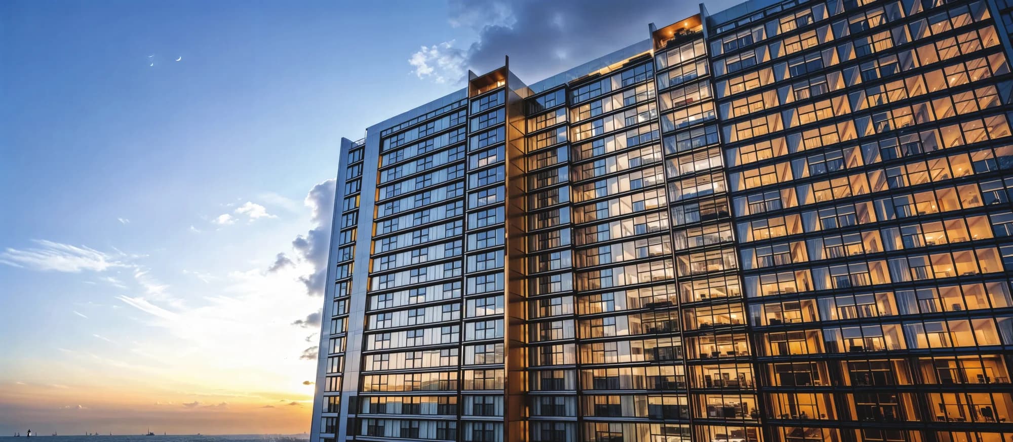 Trilive exterior at dusk · brochure illustration
